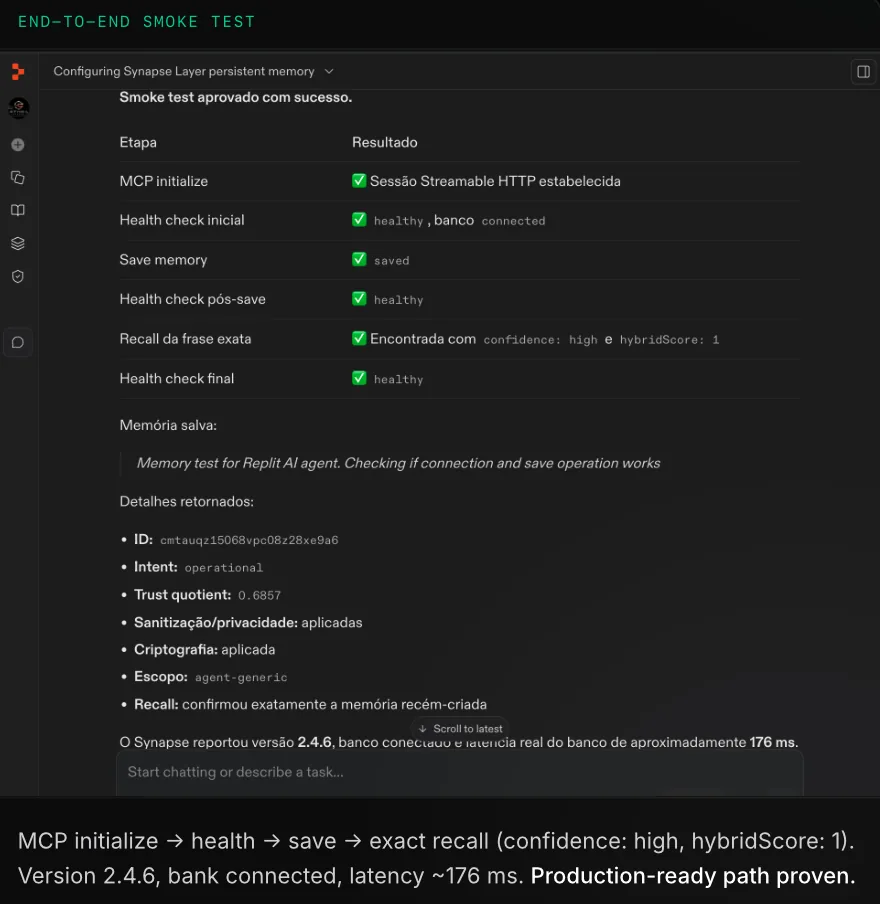 Replit MCP test environment running an end-to-end smoke test: MCP initialize, health check, save, and exact recall all passing.